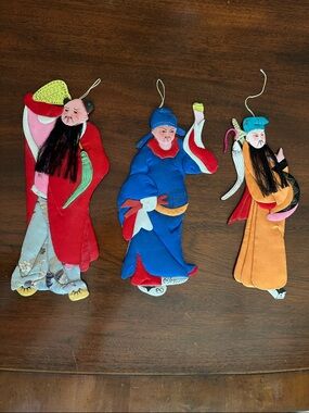 Set of Three Silk and Paper Oriental Figure Ornaments - Red, Blue, Orange